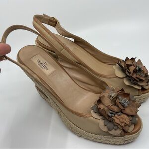 Valentino Tan Espadrille Wedges with‎ Floral Accent